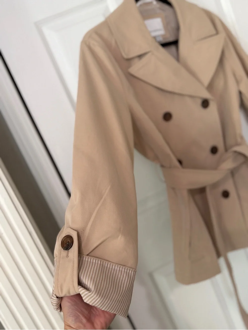 Beige Double-Breasted Belted Trench Coat - Picture 3 of 10